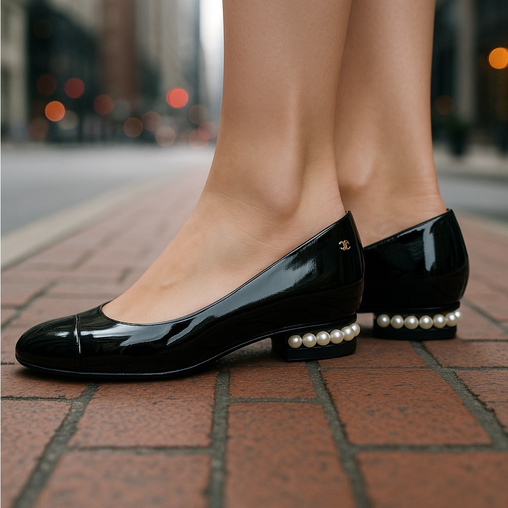 CHANEL Women's Black Patent Elegant Flats Shoes Pearl Detail Logo 40